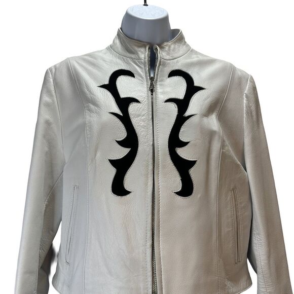 Vera Pelle Jackets & Blazers - Vera Pelle Vintage White Leather Jacket with Black Design Size XL
